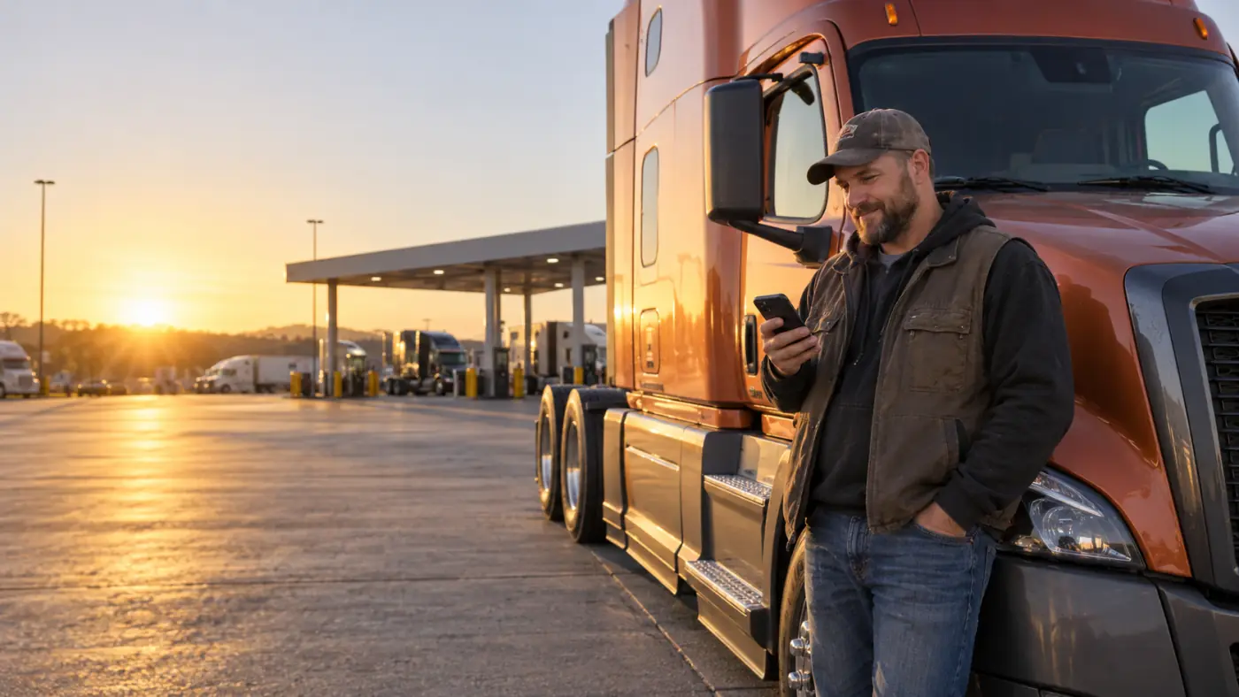 A driver beside his truck at a fuel stop at sunset, looking at his phone.