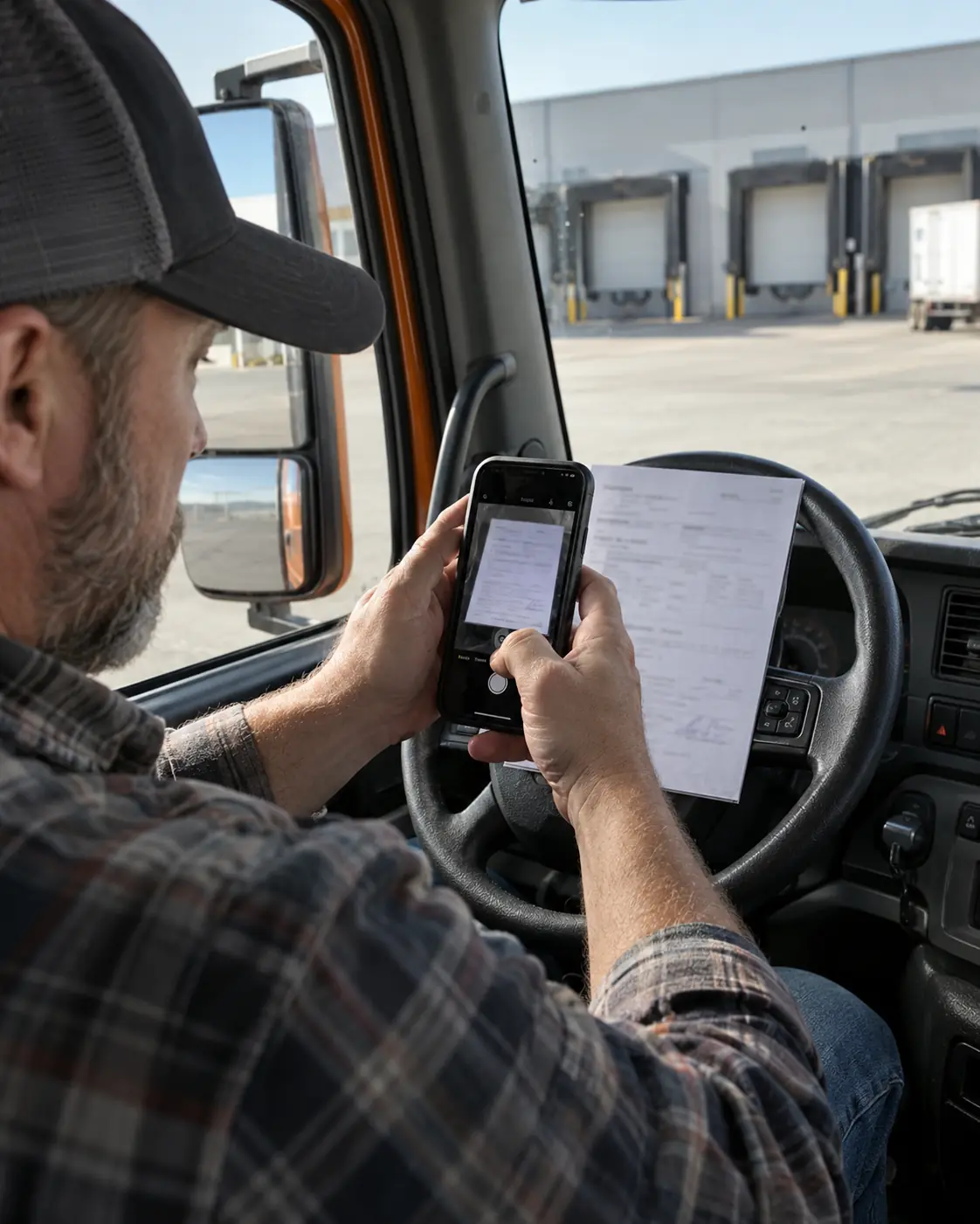 A driver in his cab checking a load on his phone, a paper rate confirmation in his other hand.