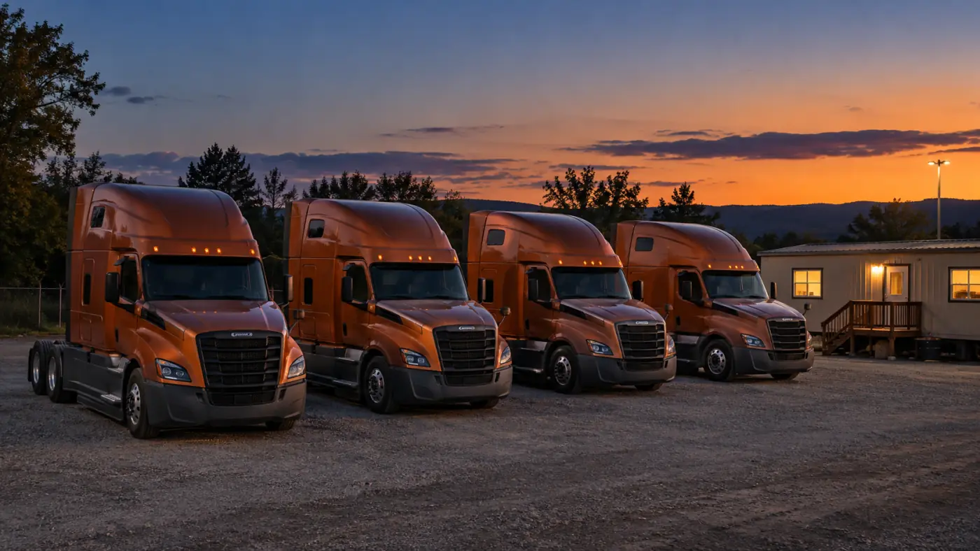 The fleet lined up in the yard at dusk.