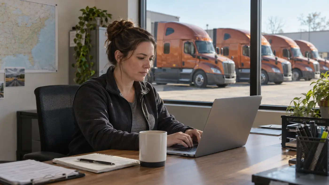 An office manager at her laptop, the company’s copper-coloured trucks parked outside the window.