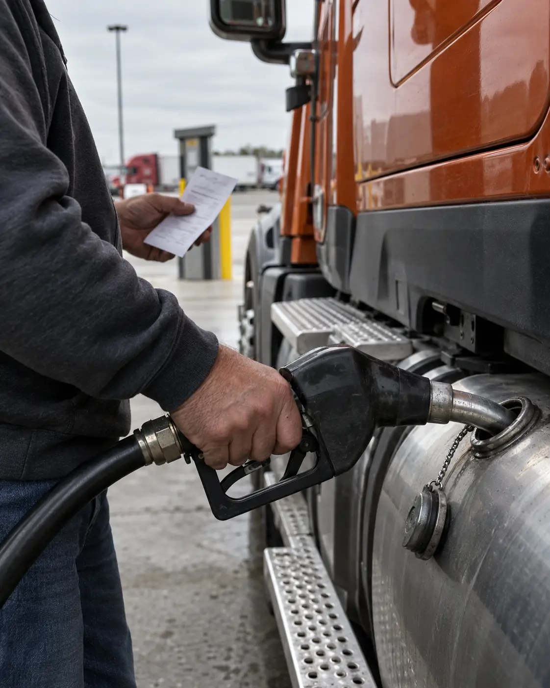 A driver fuelling his truck, holding the receipt in his other hand.