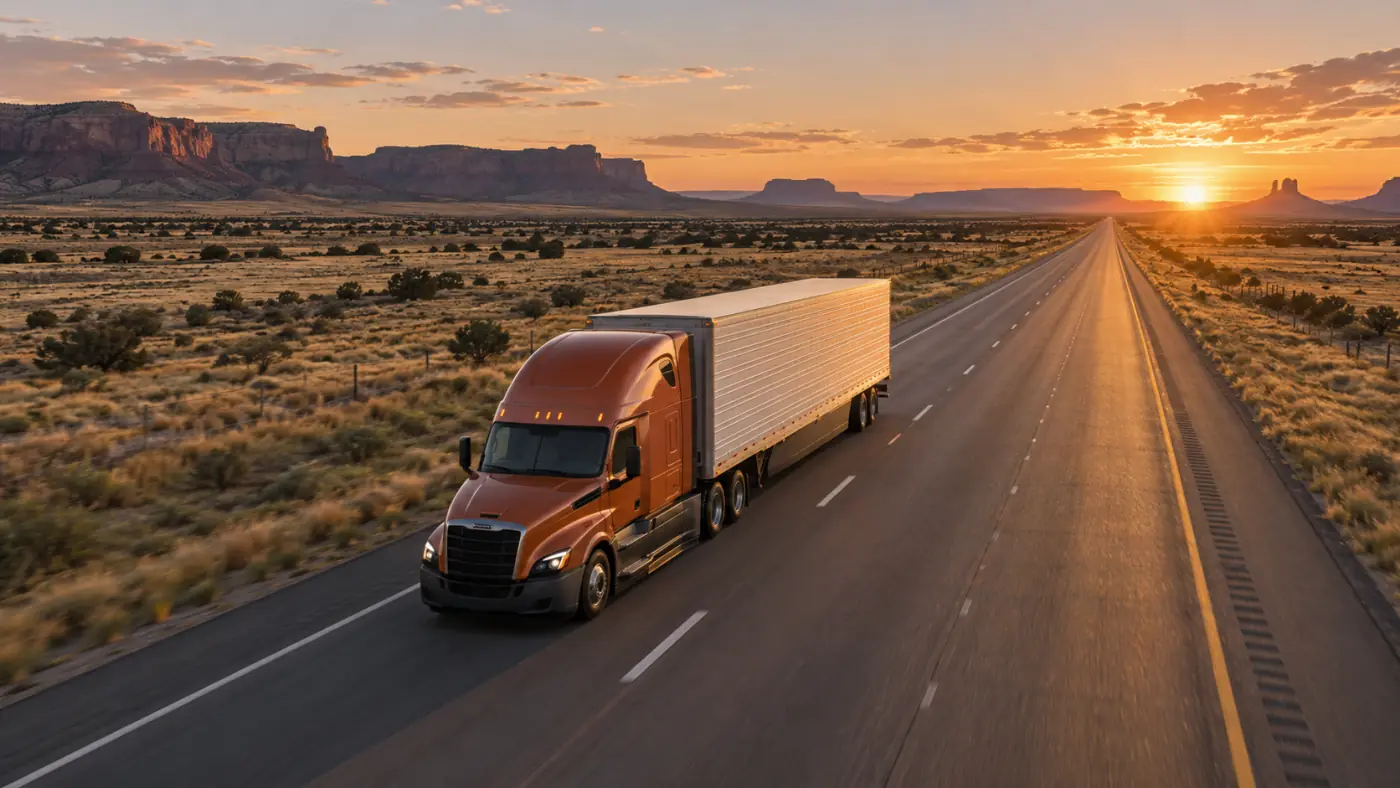 A copper-coloured truck on an open desert highway at sunset.