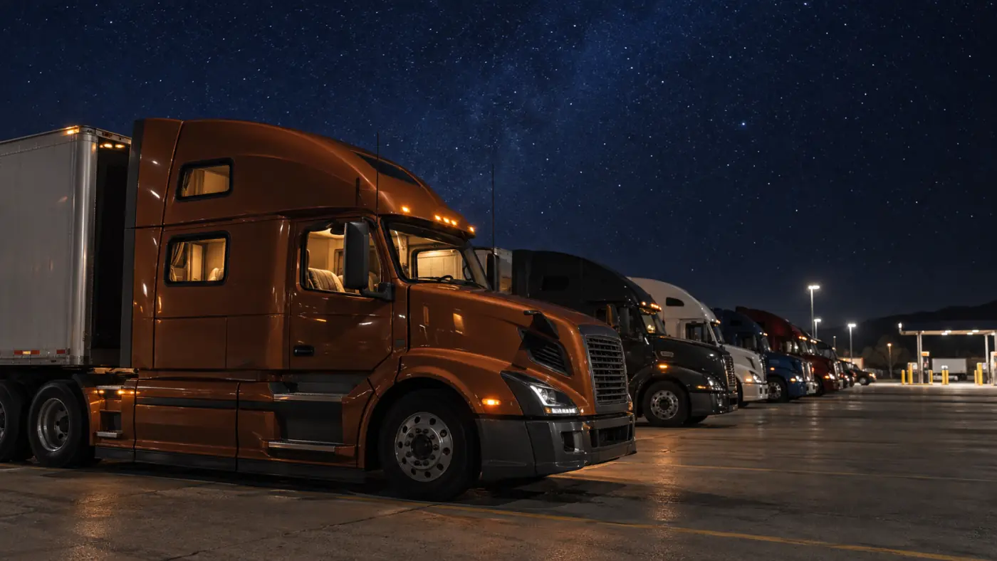 Trucks parked at a truck stop at night under a starry sky.