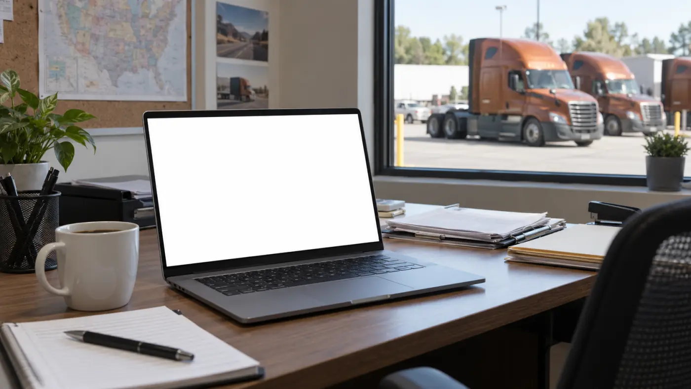 A laptop on an office desk, with the fleet parked in the yard outside.